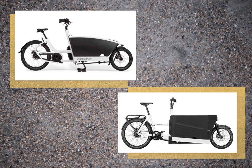 Comparing the Urban Arrow Family e-bike on the left and the Riese and Müller Packster 70 e-bike on the right