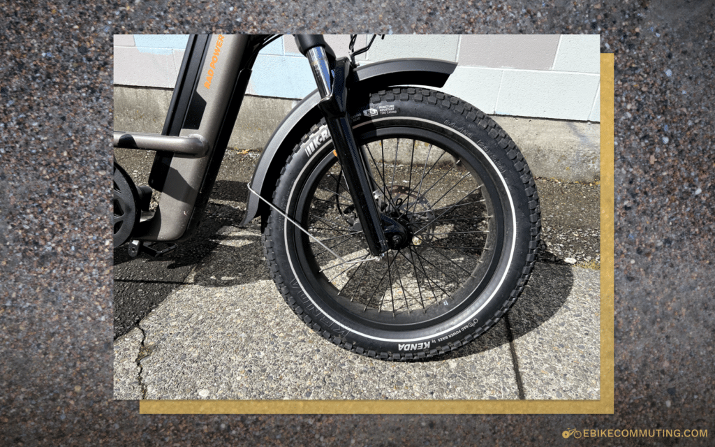 A close-up of Rad Power Bikes' RadRunner 3 Plus fat-tire wheels