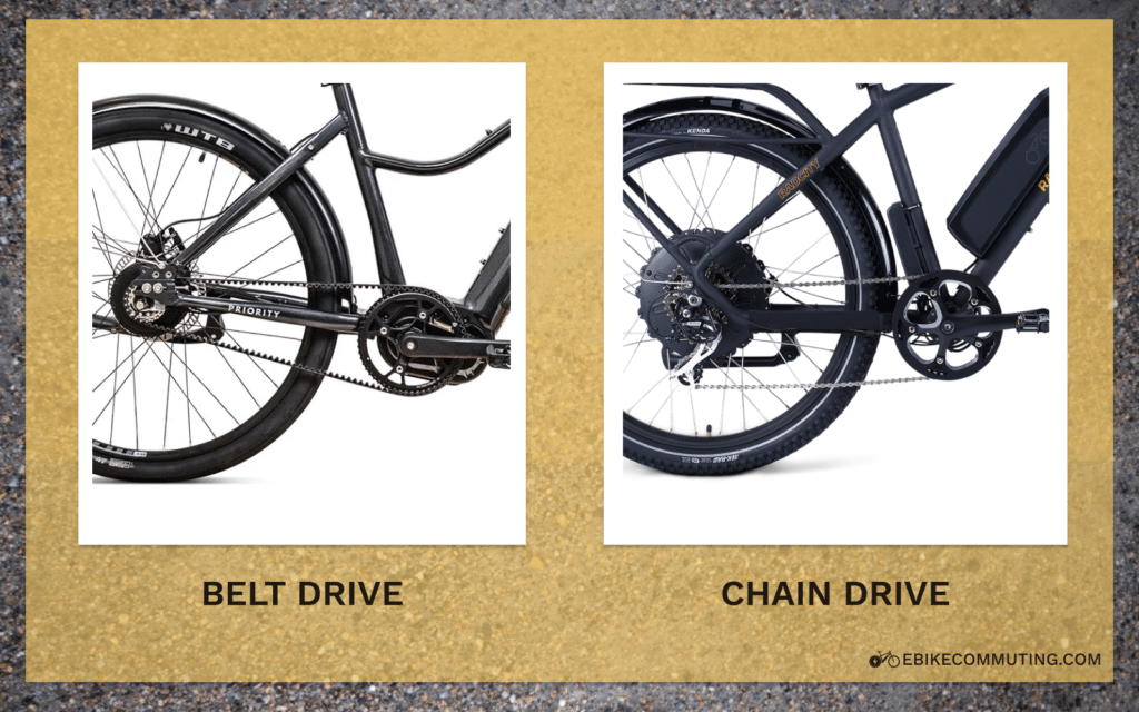 a closeup of a belt drive e-bike and a chain drive e-bike