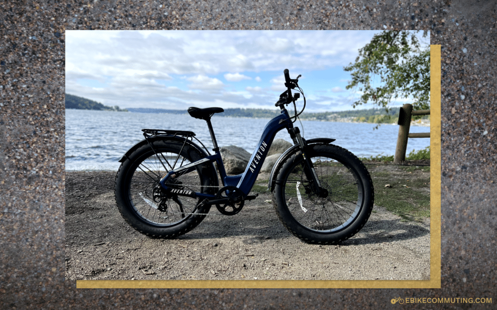 Side view of the Aventure.2 e-bike, next to a lake