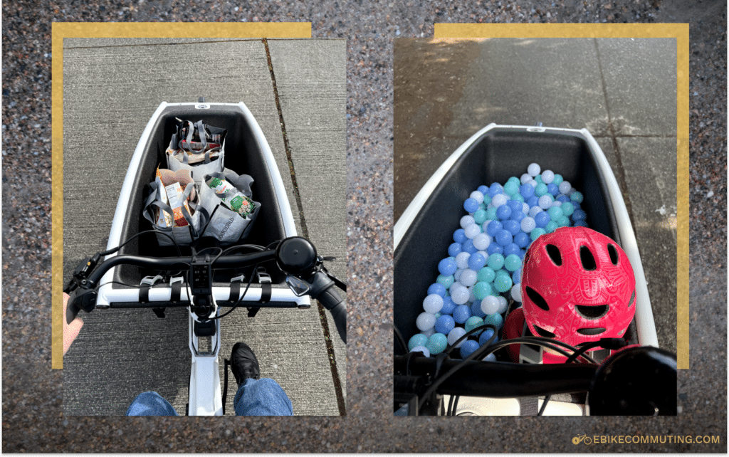 left photo is of 3 bags of groceries in the Urban Arrow cargo bin, right photo is of the cargo bin filled with bounce house balls around a toddler