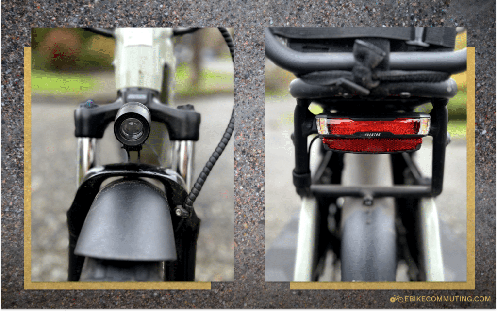 close-up of the front and rear lights of the Aventon Abound